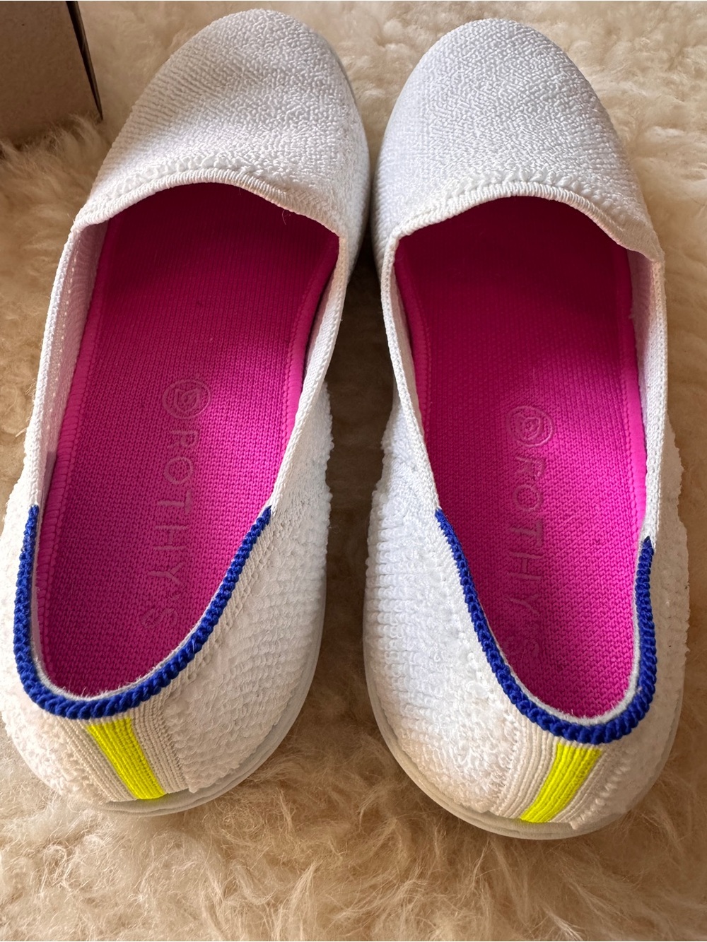 NIB Rothy's White Knit Slip On Sneaker - White w/ Blue & Neon Yellow Accents